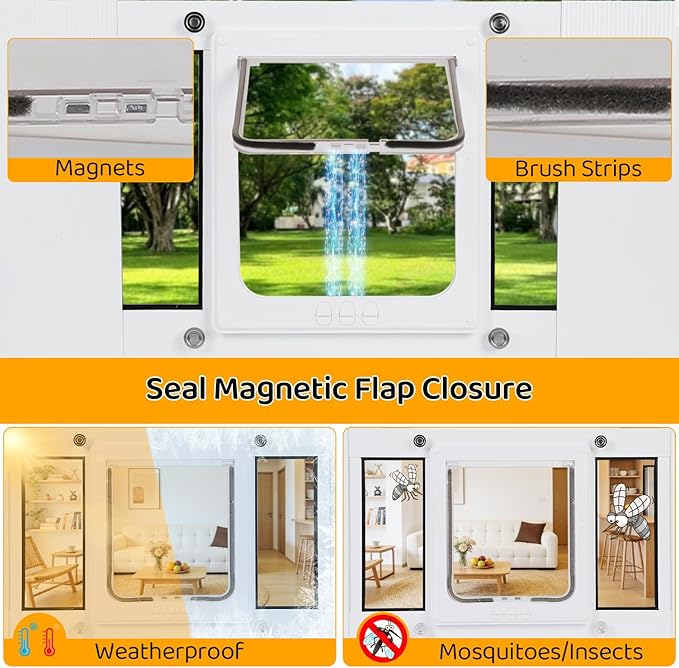 Cat Door for Window, Adjustable Width Fits 23"-28", Quick-Fit Cat Door Window Insert, Aluminum Frame with Tight Seal & Magnetic Closure, 4 Locking Modes for Pet Access Control