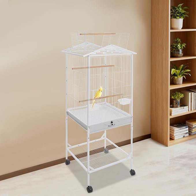 54 Inch Metal Bird Cage, Interactive Double-Door Open Top Bird Cage with 4 Feeding Windows Tray, Lockable Wheels Mobile Pet Birdcage for Parrots, Budgerigars, Parakeets, Lovebirds(White)
