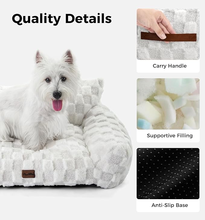 Made4Pets Cat and Dog Indoor Couch Bed, Soft Faux Fur Checkered Pet Sofa, Cozy Fluffy Pet Sofa with Supportive Foam, Removable Washable Cover with Non-Slip Base, White, Medium