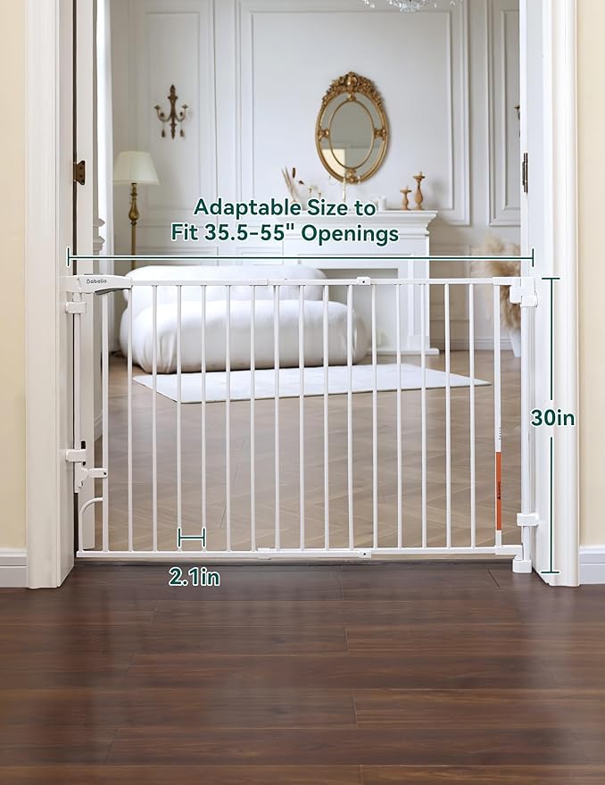 Babelio Removable & No Bottom Bar Baby Gate, 35.5-55" Extra Wide Hardware Mounted (Drill Needed)| Wide Walk-Thru| Auto-Close Safety Dog/Pet Gate for Stairs & Doorways (White, 35.5-55" W, 30" H)