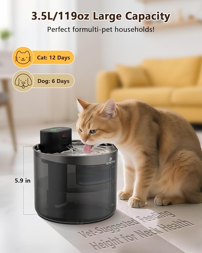 Cat Water Fountain Wireless Pet Fountain with Stainless Steel Tray, 45+ Day Battery, Motion Sensor & Timer, Cat/Dog Water Bowl Dispenser, Ultra Quiet 6-Stage Filtration (Round)