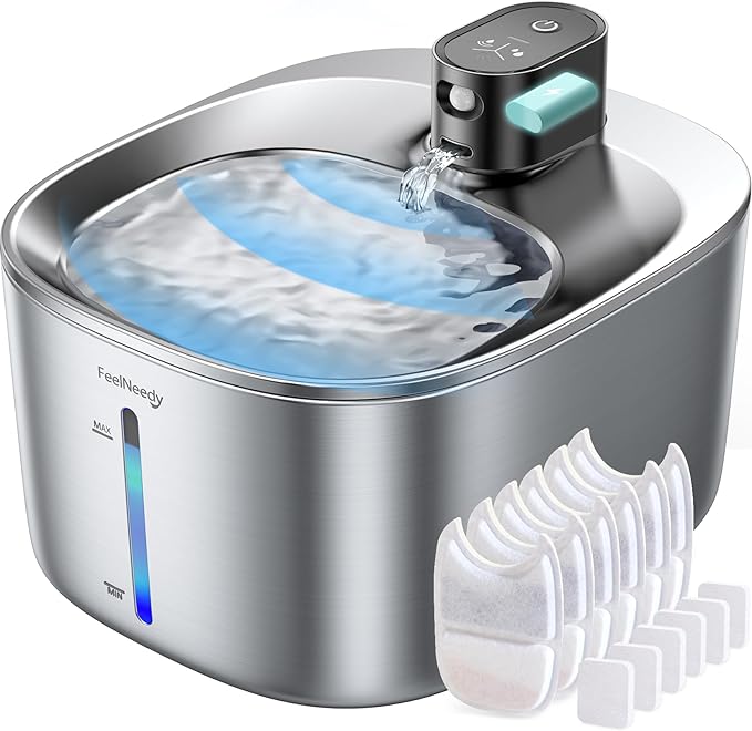 Cordless Cat Water Fountain, Battery Operated, 4L/135fl oz Stainless Steel Pet Water Fountain for Cats Dogs with Motion Sensor, Ultra Quiet Cat Drinking Fountain with 6 Filters (YPD-C004S)