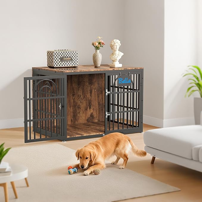 32" Dog Crate Furniture, Heavy Duty Dog Crates, Dog Kennel Furniture Indoor for Small Dog as TV Stand, Wooden Cage End Table for Indoor Decoration, Name Tag Escape-Proof Locks & Double Door