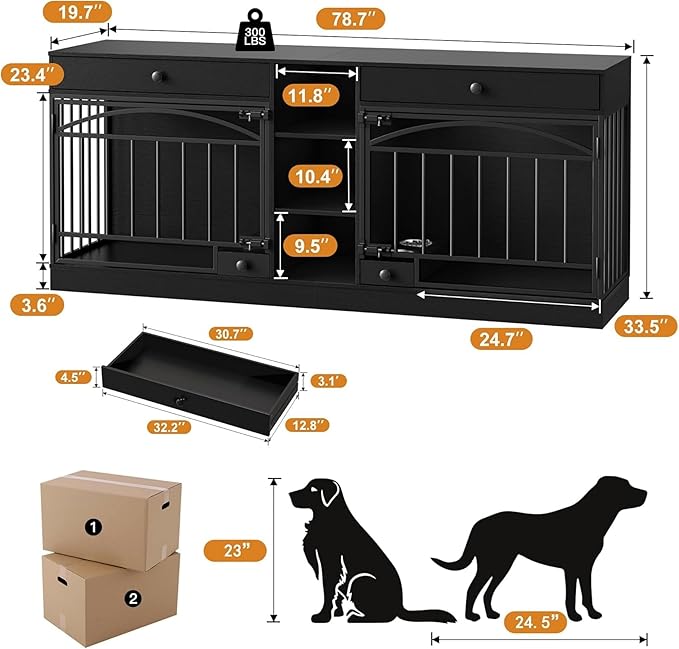 GAOMON Dog Crate Furniture for 2 Dogs, 78.7'' Large Dog Kennel Indoor with 2 Storage Drawers, 3 Shelves and Feeding Bowls, Double Dog Crate TV Stand for Small and Medium Dogs, Black