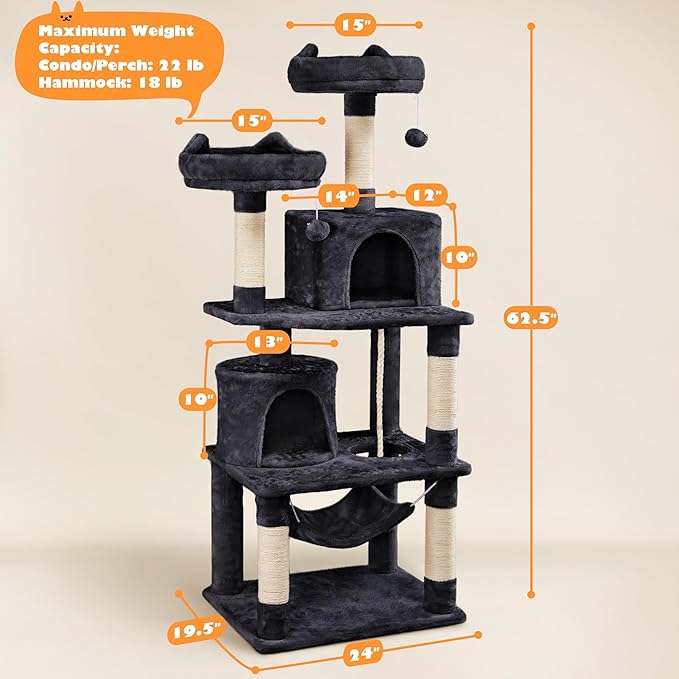 Yaheetech 62.5inches Cat Tree Cat Tower Cat Condo with Platform & Hammock, Scratching Posts for Kittens Pet Play House with Plush Perch for Indoor Activity Relaxing, Black