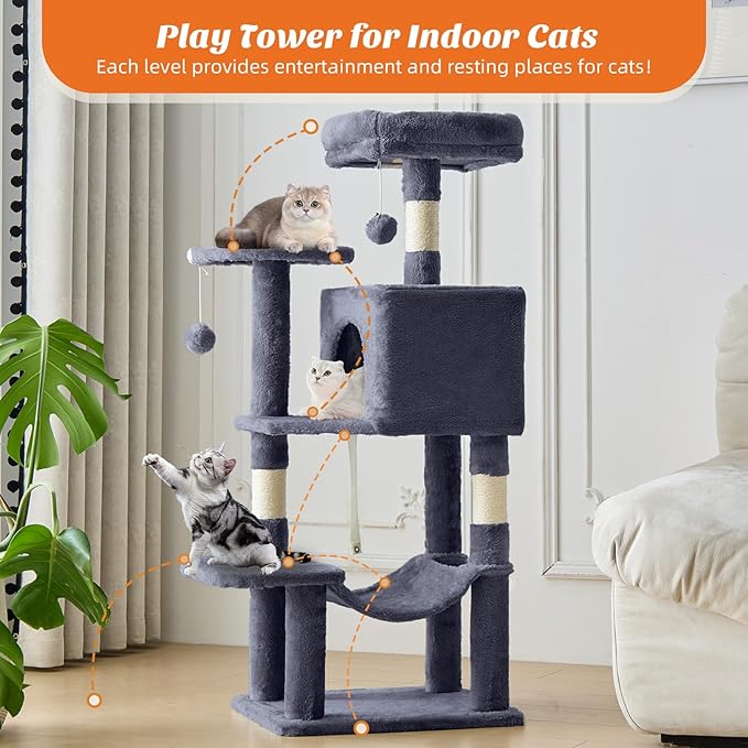 Sweetcrispy 44 Inch Cat Tree Tower, Cat Climbing Tower with Natural Sisal Scratching Posts, Hammock, Pet Condo for Indoor Cats and Kittens Play, Dark Grey