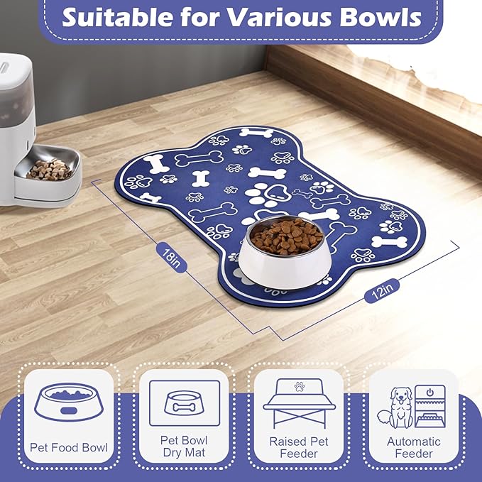 Dog Cat Mat for Food and Water,Rapid Absorbent Pet Feeding Mat, Bone Shaped Dog Placemat Bowl Mat with Rubber Backing,No Stains Pet Food Mats Indoor, Pet Accessories Supplies,Blue 12"×18"