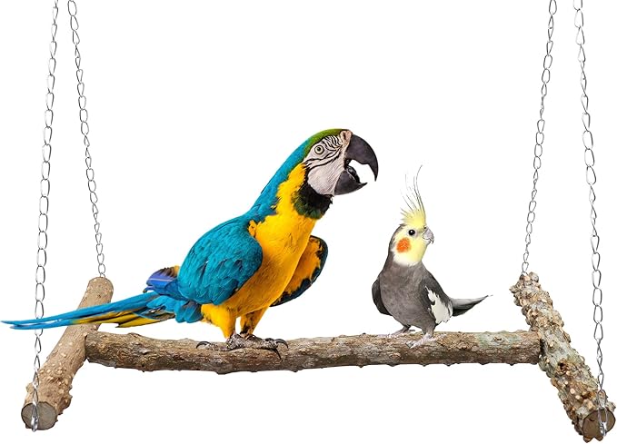 Large Bird Perch Swing Toy, Natural Pepper Wood Parrot Perch Stand Toy, Hangable Birdcage Accessories with Stainless Steel, Bird Chewing Toy for Parrot Parakeet Budgies Lovebirds(18×10 Inches(L×W))