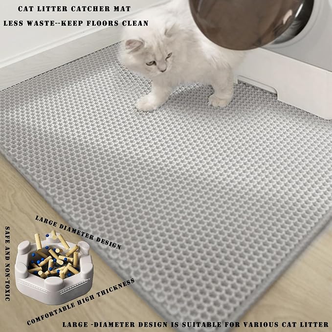 HCY&WLD Cat Litter Mat, 45x26/35x24/30x22/24x18 Inch Double Layer Cat Litter Box Mat, EVA Non-Slip, Waterproof Urine Proof Cat Litter Catcher Mat, Easy Clean Scatter Control (35x24 Inch, Gray)