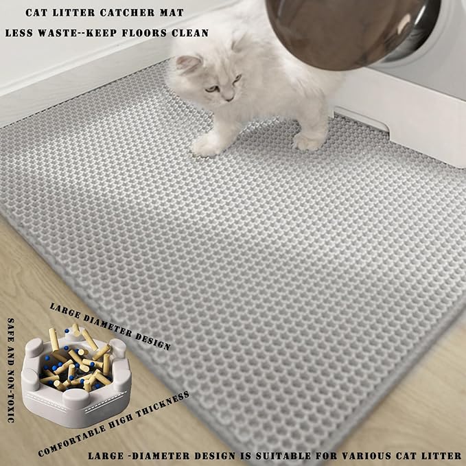 HCY&WLD Cat Litter Mat, 45x26/35x24/30x22/24x18 Inch Double Layer Cat Litter Box Mat, EVA Non-Slip, Waterproof Urine Proof Cat Litter Catcher Mat, Easy Clean Scatter Control (24x18 Inch, Black)