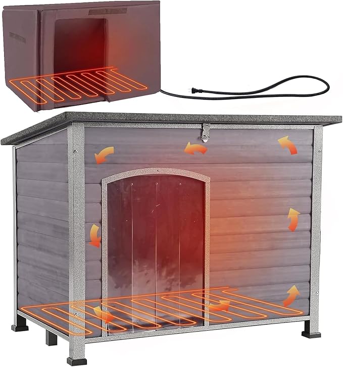 Aivituvin Heated Dog House Outdoor Dog Kennel with Insulated Liner All-Around Iron Frame Large Dog Cage for Small & Medium & Large Dogs,Waterproof Roof