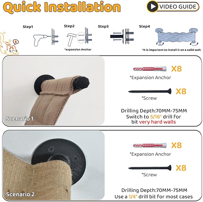Cat Wall Shelves Scratcher Mat Scratcher 34.64 x 12.59 Inch, Climbable Burlap Scratch Pad for Cats Space-Saving & Playing, Climbing & Resting Stabilized Cat Wall Hammock Large Cats or Kittens