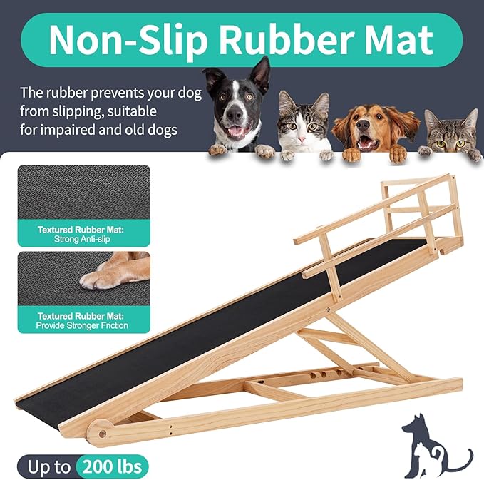 Dog Ramp, 5 Level Adjustable Height Folding Pet Ramp for High Bed, Portable Paw Ramps Large Bed Ramp for Medium & Large Old Dogs & Cats - Natural Wood Furniture Quality