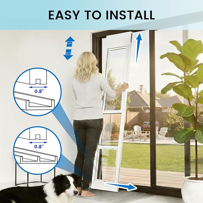 Anti-Shatter Dog Door for Sliding Glass Door,White Sliding Glass Dog Door Insert with Adjustable Height 82.7” to 88.5”, No-Cut DIY Installation,Aluminum Frame & Secure Lock for Large Dogs