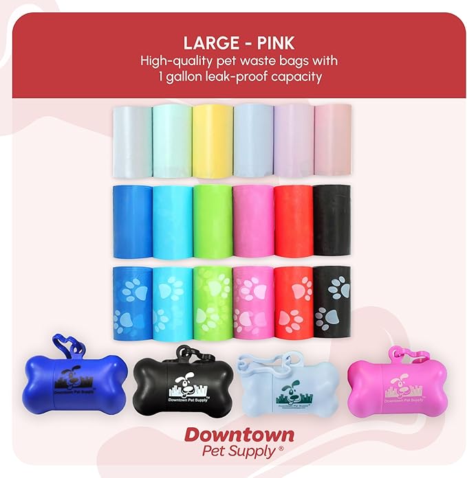 Downtown Pet Supply Poop Bags for Dogs with Dispenser, 220 Count - Leak-Proof Dog Waste Bags and Bone-Shaped Dog Poop Bags Holder for Leash - Pink, 12.5" x 8.5"