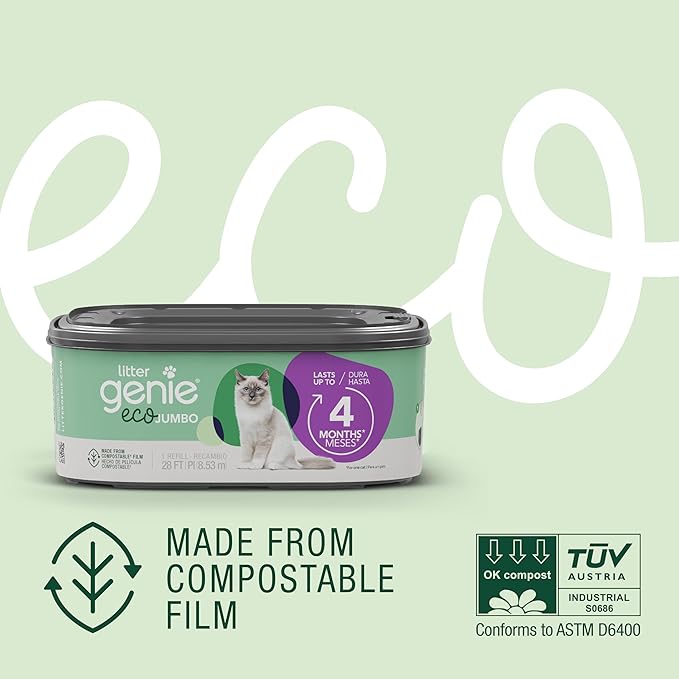Litter Genie Eco Refills | Compostable Cat Litter Bags Jumbo 1-pack | Up to 4 Months of Supply in 1 Cartridge