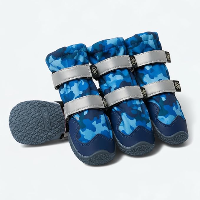 Spark Paws Dog Shoes, Waterproof Dog Boots for Medium to Large Dogs, Non Slip, Breathable Dog Booties and Paw Protectors - 4PCS Doggie Hiking Boots with Reflective Straps, Blue Camo, Size 7