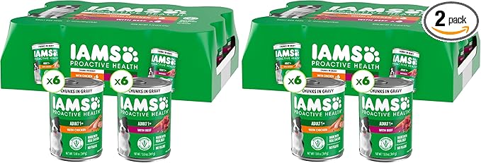 Iams Proactive Health Wet Dog Food, Chicken Chunks in Gravy and Beef Chunks in Gravy, 13 oz., Pack of 24