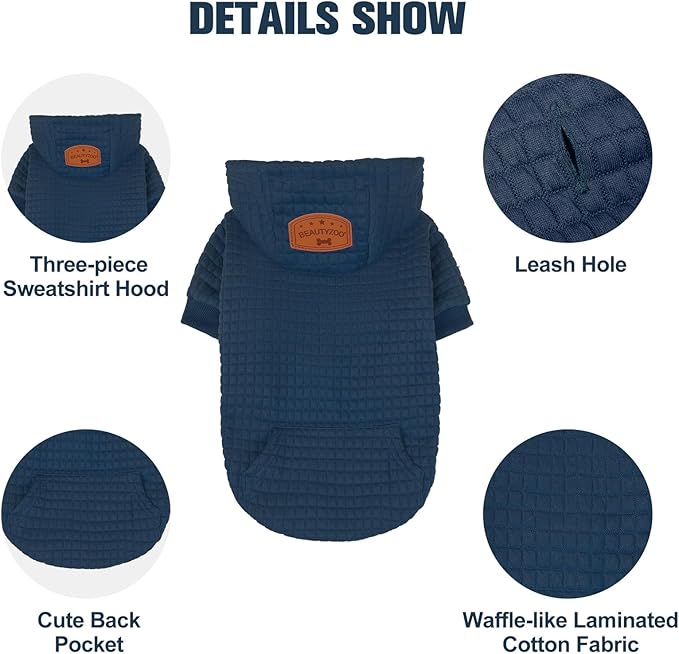 BEAUTYZOO Small Dog Hoodie Sweater with Pockets, Dog Clothes for Small Medium Dogs Boy Girl, Waffle-Like Laminated Cotton Pet Coats with Hat and Leash Hole, Navy Blue SM