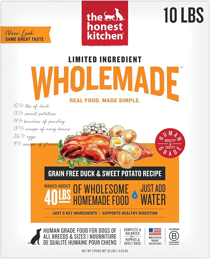 The Honest Kitchen Human Grade Wholemade™ Dehydrated Dog Food, Limited Ingredient Dog Food, Duck & Sweet Potato, 10 lb (makes 40lbs)