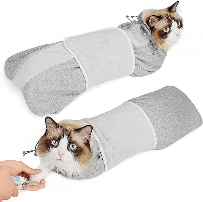 Supet Cat Grooming Wrap for Cutting Nails, Self-Adhesive Anti-Scratch Swaddle with Bite-Proof Mesh Hood & Thick Waist Strap Anti-Escape Bag for Nail Trimming, Medication, Ear Cleaning (Grey M)