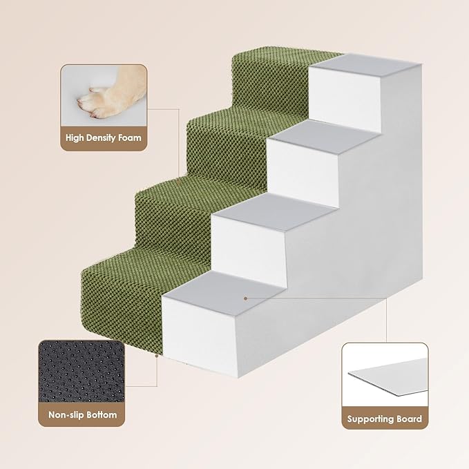 EHEYCIGA Dog Stairs for Bed 18" H, 4-Step Dog Steps for High Bed, Pet Steps for Small Dogs and Cats, Non-Slip Balanced Pet Ramp Indoor, Olive Green