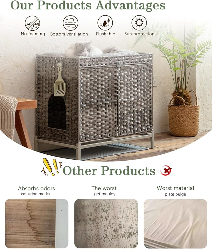 Cat Litter Box Enclosure Furniture, Hidden Handwoven Rattan Litter Box with Mat, Large Cat House with Metal Heightened Feet, 30.3 x 18.3 x 28 Inches, Indoor for Living Room, Bedroom Gray