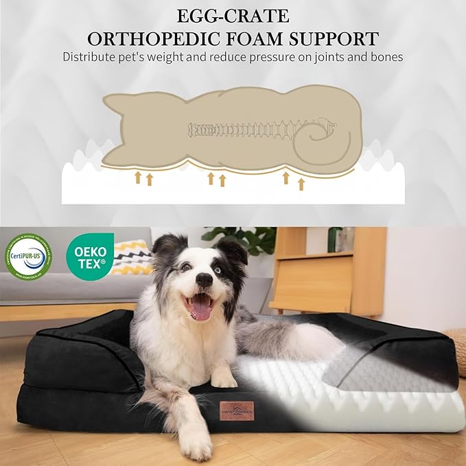 Comfort Expression Orthopedic Dog Bed for Extra Large Dogs 48x30 Inch, Waterproof Egg Crate Foam XXL Pet Bed with Removable Bolsters, Dog Couch with Washable Cover & Non-Slip Bottom, Black
