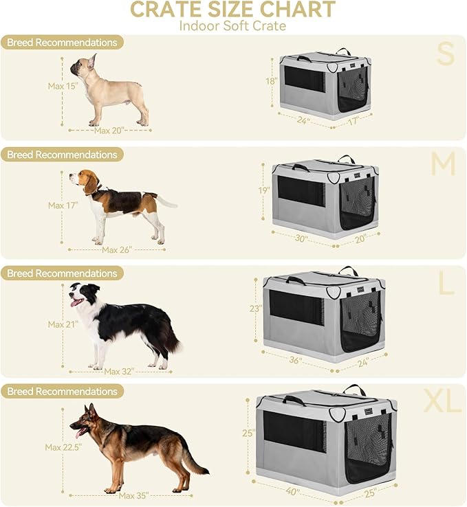 PETSFIT Portable Dog Crate for Large Dogs, – 40" Soft Dog Travel Crates with Lockable Zippers & Thicken Mat, Adjustable Patented Spiral Steel Frame, Collapsible Kennel for Indoor & Outdoor