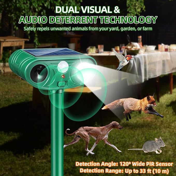 2026 Solar Ultrasonic Racoon Fortress Pro, Deer Cat Repellent Devices Animal Repeller Squirrel Rabbit Deterrent Outdoor with Motion Sensor&Flash Light to Scare Dog Out of Garden Yard(4Pack)