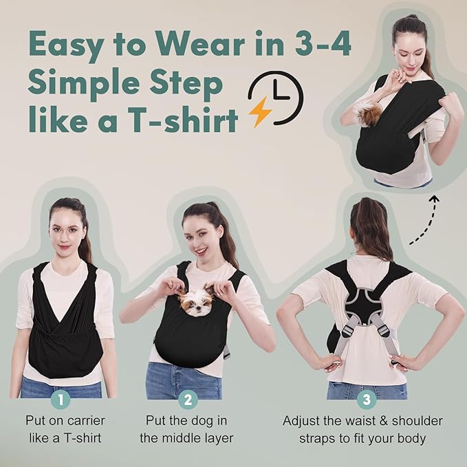 Supet Dog Sling Carrier for Small Pets, Hands Free Cat Sling, Reducing Back Neck Pain Anti-Anxiety Puppy Front, Adjustable Soft Dog Carrying (Black, Plus)