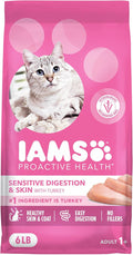 IAMS Proactive Health Sensitive Digestion & Skin Dry Cat Food, Adult Cat Food Dry Recipe with Real Turkey, 6 lb. Bag