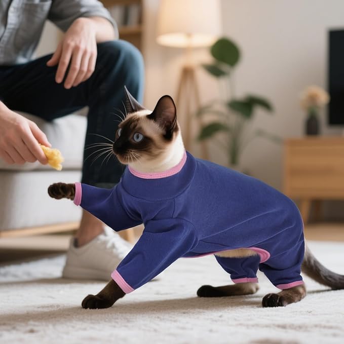 DENTRUN Cat Clothes for Hair Control with Hair Sticky Fabric - Soft Recovery Suit & Breathable Lint-Resistant Cat Sweater for Cats Only, Kitten Onesie Pajamas, S, Blue