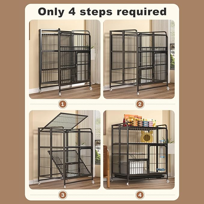 Multi-Tier Collapsible Cat Cage Crate, cat playpen for Indoor with 360° Wheels, Metal Wire Cat Kennel with Secure Lock, Large Ferret Playpen for Adult Cats Kitten Chinchilla (Black 4-Tier)