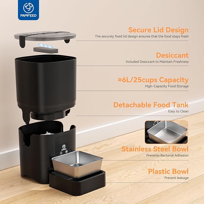 PAPIFEED Automatic Cat Feeder, 6L Smart WiFi Cat Food Dispenser with App Control, Bluetooth-Assisted Setup, Stainless Steel Bowl, Anti-Clog Design for Dry Cat Food