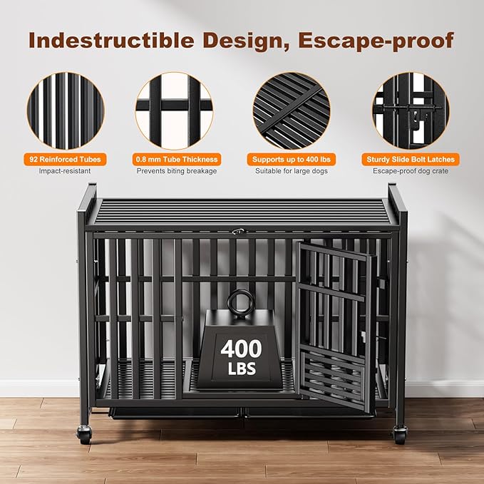 Heavy Duty Dog Crate, Reinforced Thickened Steel Frame Indestructible Kennel for Large & High Anxiety Dogs, Escape Proof Design with 3 Doors, 4 Lockable Wheels and 2 Removable Trays (42inch)