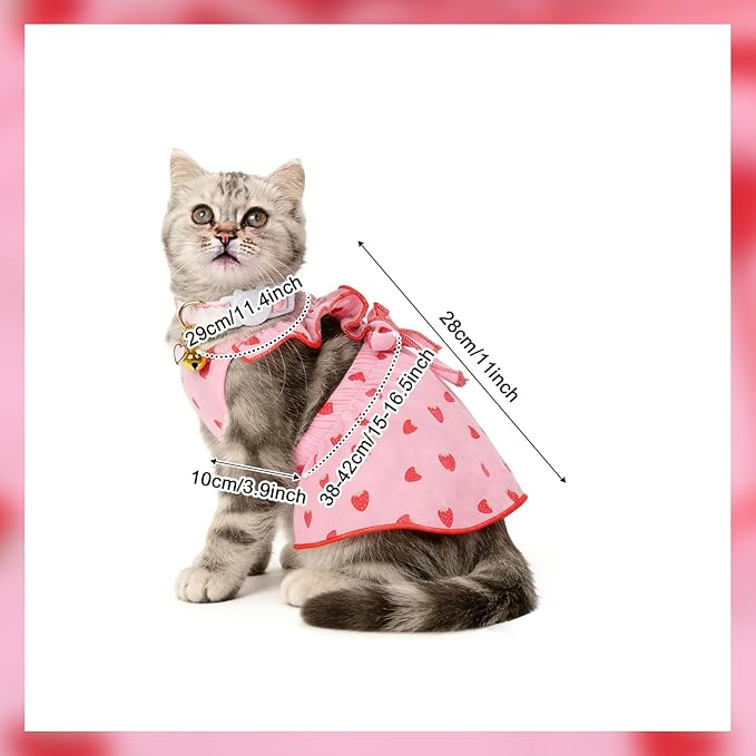 2-Piecs Cotton Detachable Pet Cat Dog Collar with Strawberry Pendant and Bell + 1-Piece Small Dog Cat Dress, Girl's Cat Costume, Cute Bow-Decorated Outfit, Strawberry Print Pet Birthday Set (Medium)