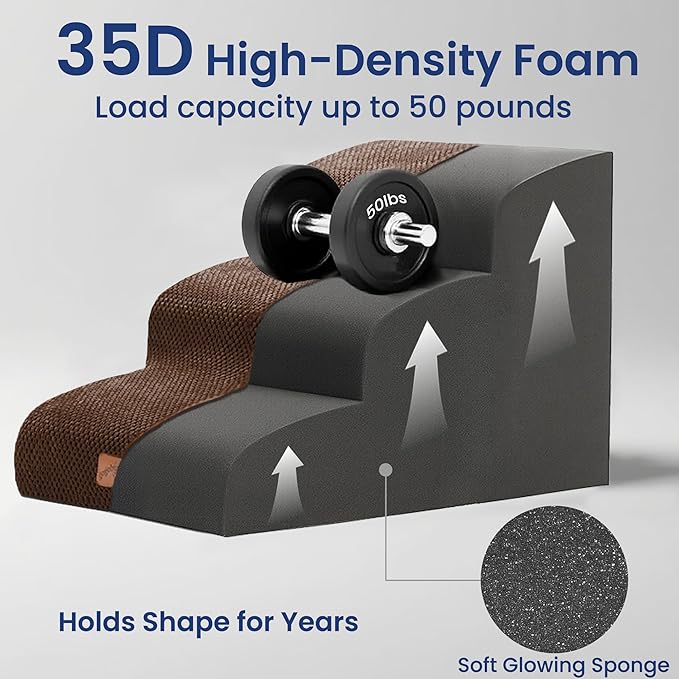 gogobunny Ramp Cat Dog Stairs for Beds, Cat Slope Stairs with Durable Waterproof Fabric Cover, Pet Steps for Old Large Dogs Climbing (Brown, 3-Step (22.4" D x 15.7" W x 15.7" H), 3)