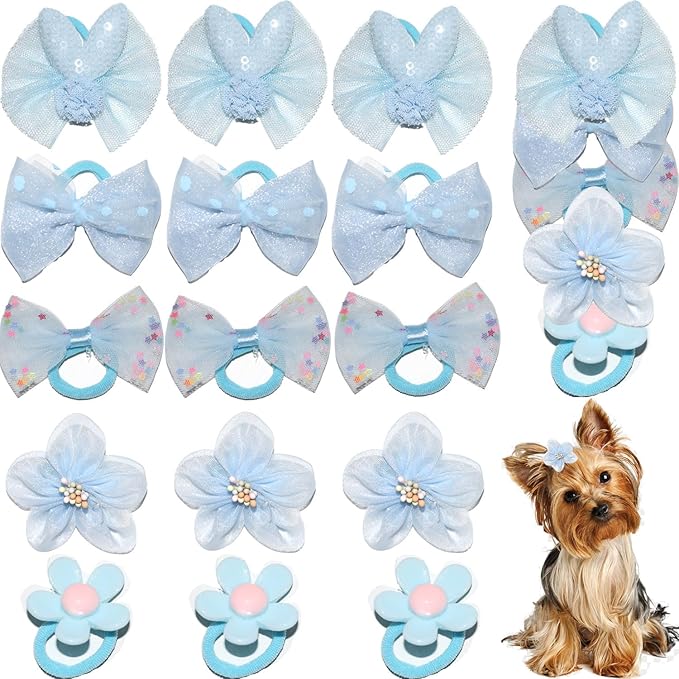 20pcs Handmade Puppy Hair Bows Blue, Cute Bowknot Top Knot with Elastic Bands for Yorkie Grooming