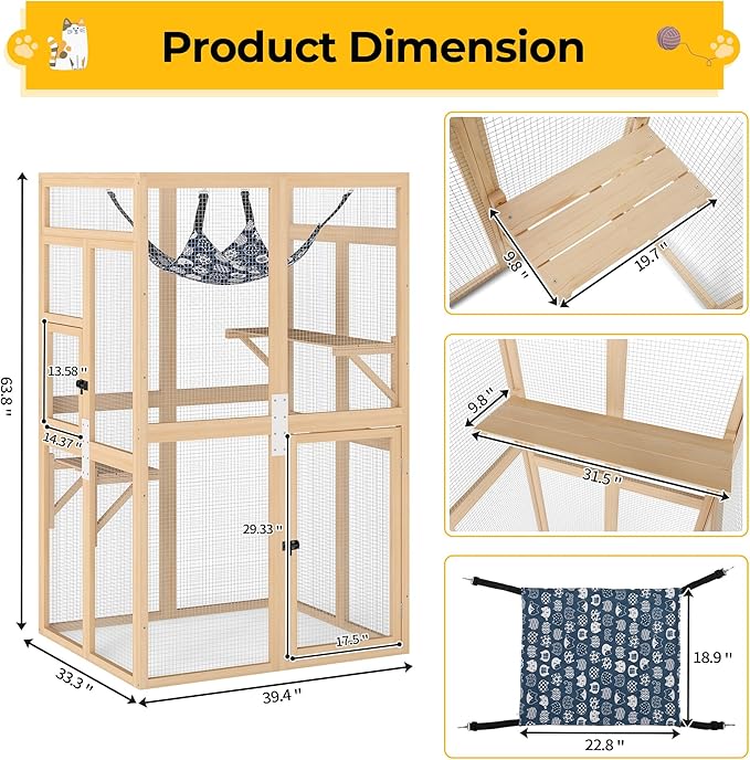 COZIWOW Upgraded Outdoor Cat Catio with Window Access & Jumping Platforms, Weatherproof Wooden Cat Enclosure for Patio/Garden/Backyard (Wood, 2 Platforms + Hammock, Supports 44lbs)