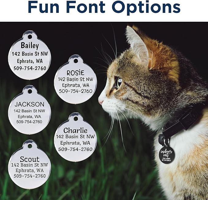 GoTags Personalized Small Indoor Cat Tag - Engraved with 4 Lines of Custom ID, Black Stainless Steel Round Pet ID Tag