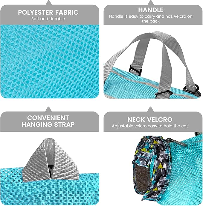 Cinf Cat Bathing Bag(Free Muzzle) Breathable Mesh Anti Scratch Adjustable Cat Grooming Bag for Nail Trimming, Bathing Soft Cat Washing Bag(Light Blue) M