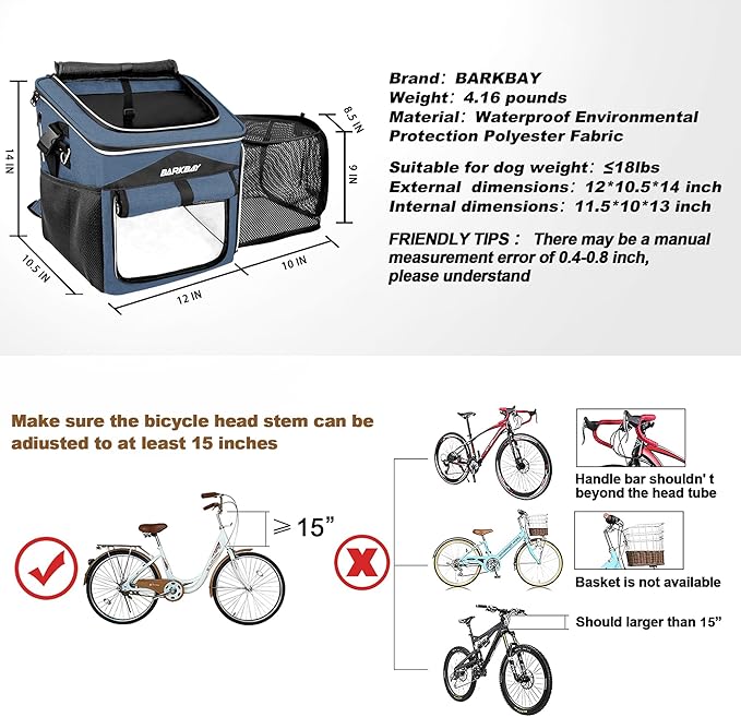 Dog Bike Basket Carrier, Expandable Foldable Soft-Sided Dog Carrier, 2 Open Doors, 5 Reflective Tapes, Pet Travel Bag,Dog Backpack Carrier Safe and Easy for Small Medium Cats and Dogs(Blue)