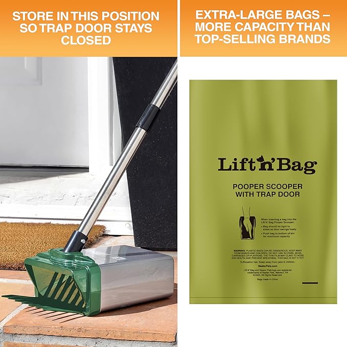 Neater Pet Brands Lift N’ Bag 2.0 Dog Pooper Scooper with Bag Attachment & 22" Pole for Small to Large Dogs, New & Improved Design, 195 Refill Bags, Heavy Duty Dog Poop Scooper for Yard, One-Hand Use