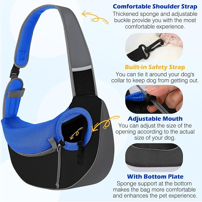 Pawaboo Dog Sling Carrier, Hand Free Breathable Mesh Bag for Puppy Cat, Drawstring Dog Papoose with Adjustable Strap and Pocket, Crossbody Satchel Dogs Purse for Outdoor Travel, M, Indigo