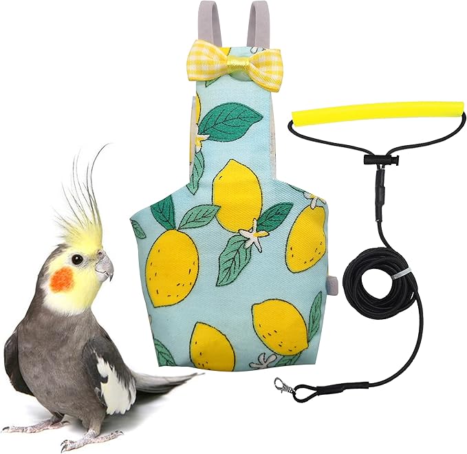 VANFAVORI Bird Diaper Harness Flight Suit Clothes with 80 Inch Flying Leash Rope for Parrots Conure Cockatiel Pet Birds Weight 80-105 Grams, M Size Lemon, Including A Cotton Pad