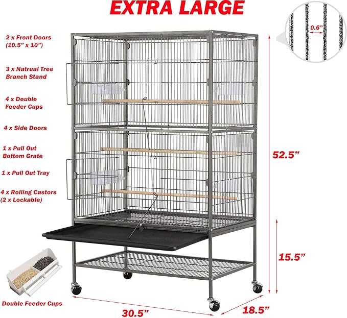 Extra Large Wrought Iron Breeding Flights Canary Parakeet Cockatiel African Grey Lovebird Finches Parrot Home Cage Double Large Front Doors 4 Side Doors Bottom Storage Shelf On Lockable Wheels