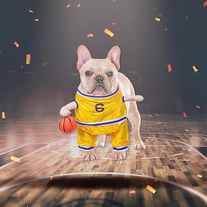 DELIFUR Dog Basketball Player Costume - Pet Halloween Costume Adjustable Funny Dress Up Sports Outfit Cosplay Clothes for Large Cats and Small Dogs (Yellow Basketball, X-Small)