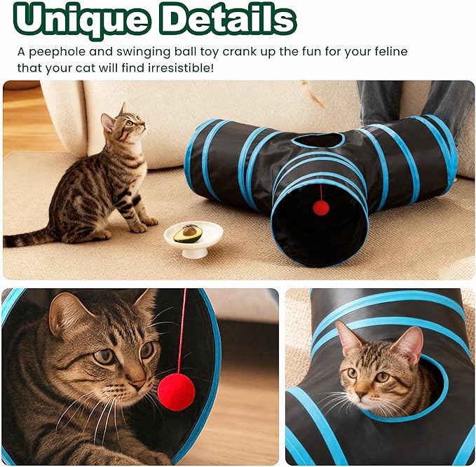 Love’s Cabin Cat Tunnel for Indoor Cats, 3-Way Collapsible Play Tunnel with Teaser Wand, Peek Holes & Toy Ball, Small Pet Toy for Kittens & Rabbits, Black & Blue, Small Size