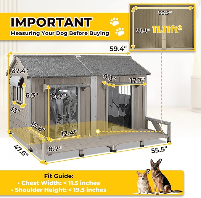 59" Large Dog House for 2 Dogs XL Wooden Dogs House Outdoor with Weatherproof Openable Roof, Window, All-Around Iron Frame, Removable Floor, Large Balcony